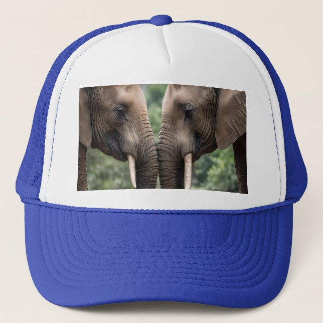 "Trunk to Trunk: A Gentle Elephant Embrace" Trucker Hat (Front)