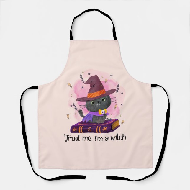 Trust Me I'm A Witch – Witch Cat on Magic Book Apron (Front)