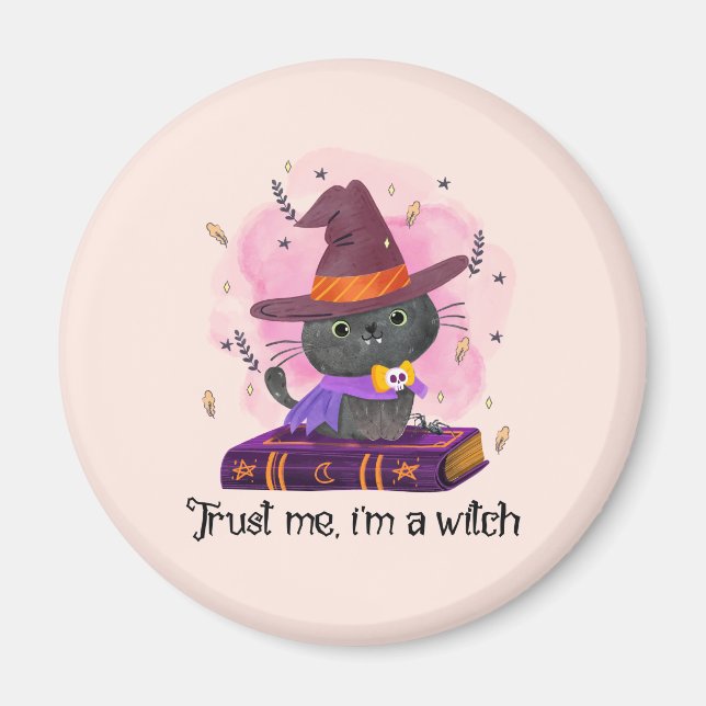 Trust Me I'm A Witch – Witch Cat on Magic Book Magnet (Front)