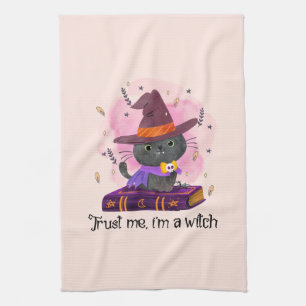 Trust Me I'm A Witch – Witch Cat on Magic Book Tea Towel