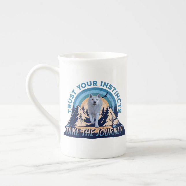 Trust Your Instincts Arctic Wolf Adventure Art Bone China Mug (Left)