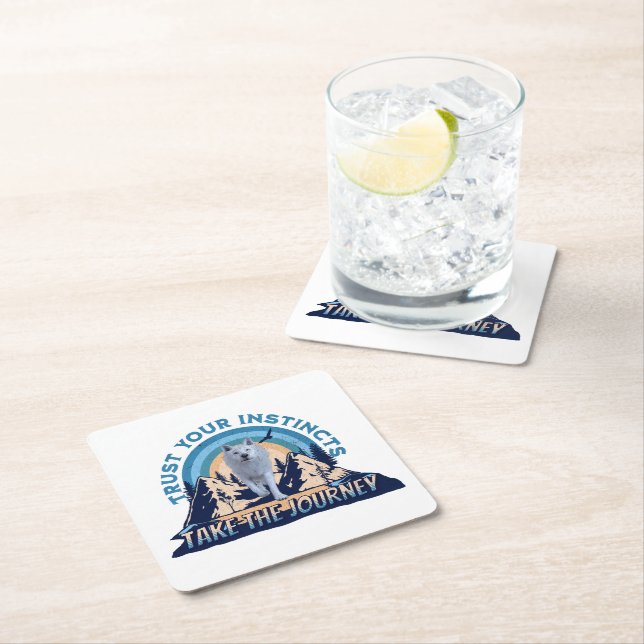 Trust Your Instincts Arctic Wolf Adventure Art Square Paper Coaster (Insitu)