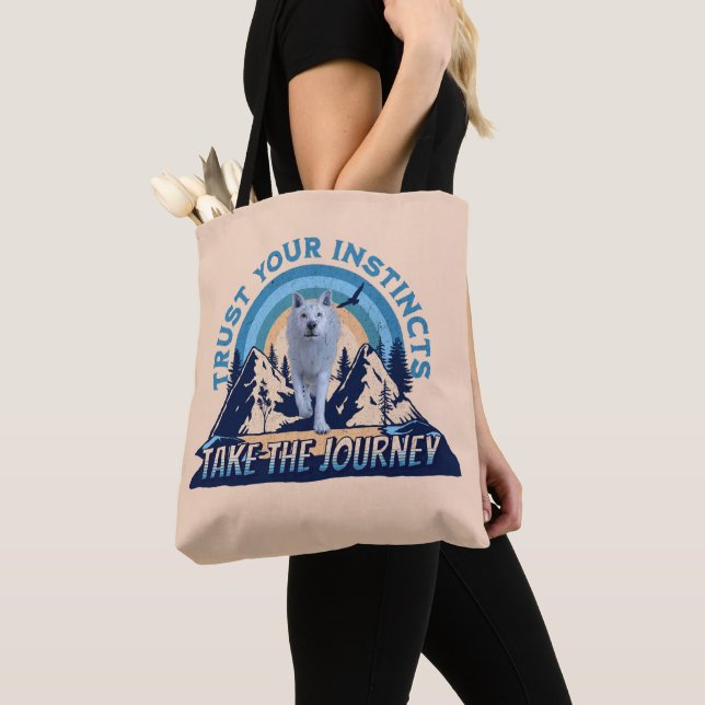 Trust Your Instincts Arctic Wolf Adventure Art Tote Bag (Close Up)
