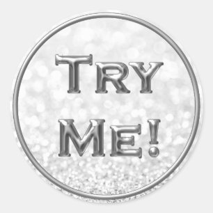 Try Me Glitter Silver Grey Tester Sample Container Classic Round Sticker