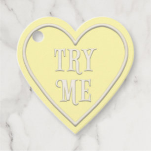 "Try Me" Tea Party Yellow Heart Personalised Favour Tags