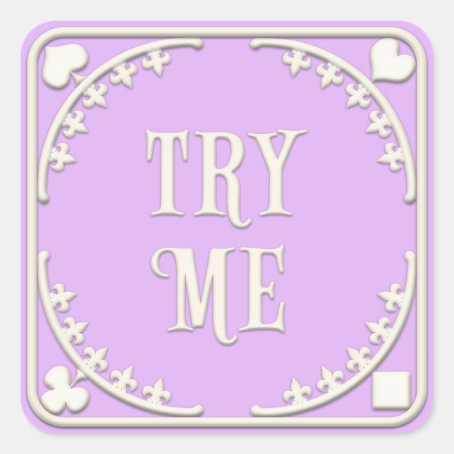 "Try Me" Wonderland Tea Party Elegant Purple Square Sticker (Front)