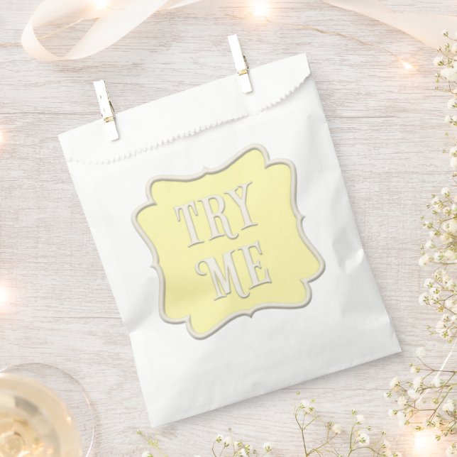 "Try Me" Wonderland Tea Party Pastel Yellow Favour Bags (Clipped)