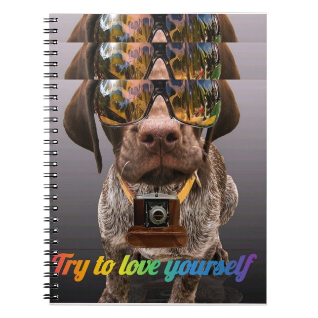 Try to Love Yourself | Cute Dog with Glasses & Cam Notebook (Front)