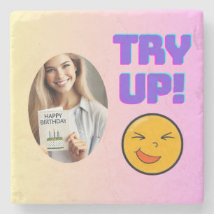 Try Up! Fun Emoji Design for Holiday Cheer Stone Coaster