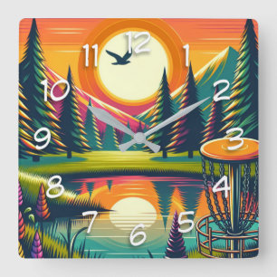 Trytp Disc Golf Sunset and Trees Square Wall Clock