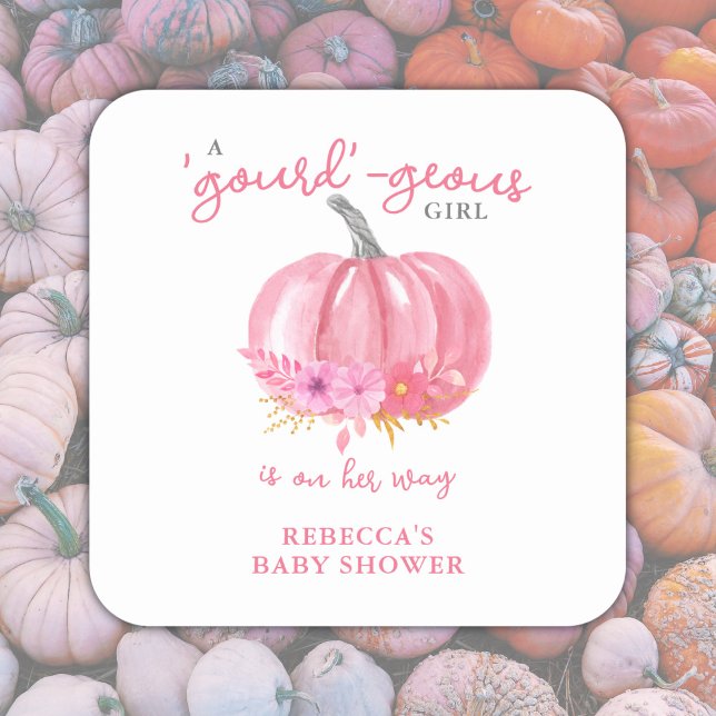  t's a Girl Fun Pun Pink Pumpkin Baby Girl Shower Square Sticker (Add your name / edit text to customize.)