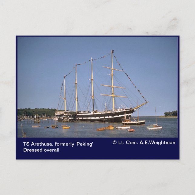 TS Arethusa, formerly 'Peking'  with flags Postcard (Front)