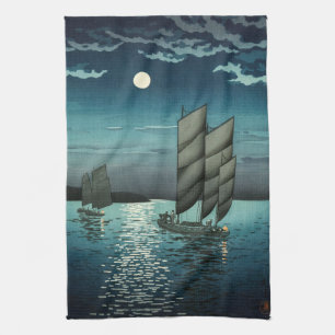 Tsuchiya Koitsu - Boats at Shinagawa, Night Tea Towel