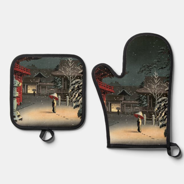 Tsuchiya Koitsu - Snow at Nezu Shrine Oven Mitt & Pot Holder Set (Front)