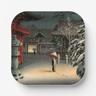 Tsuchiya Koitsu - Snow at Nezu Shrine Paper Plate