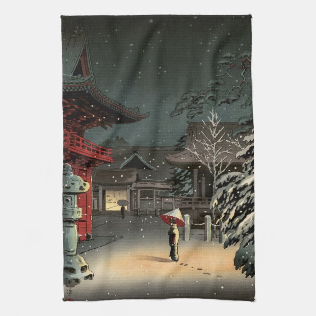 Tsuchiya Koitsu - Snow at Nezu Shrine Tea Towel (Vertical)