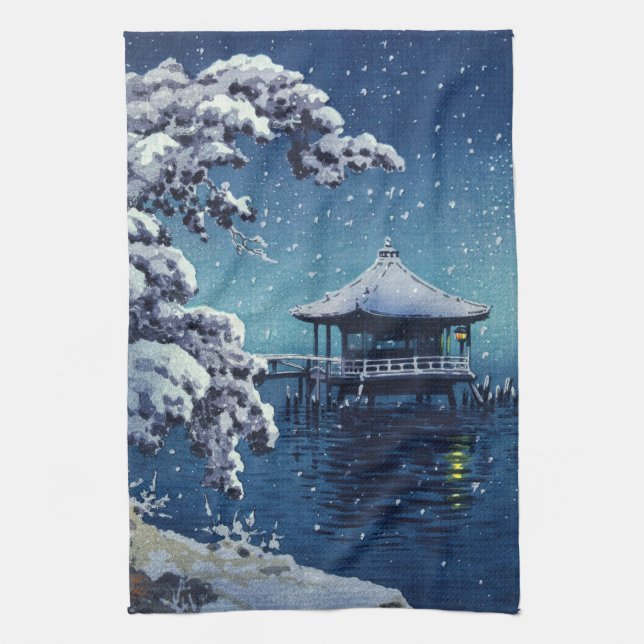 Tsuchiya Koitsu - Snow on the Ukimido at Katada Tea Towel (Vertical)