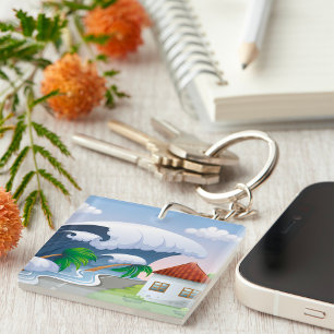 Tsunami Wave Hitting Coastal Road Tropical Storm Key Ring