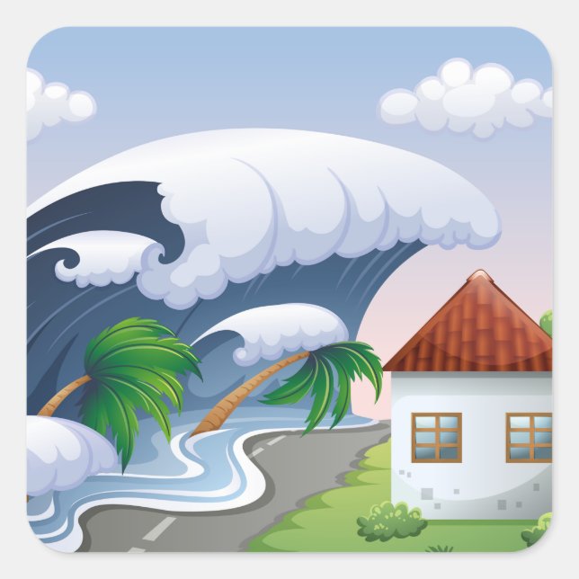 Tsunami Wave Hitting Coastal Road Tropical Storm Square Sticker (Front)