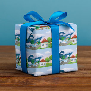 Tsunami Wave Hitting Coastal Road Tropical Storm Wrapping Paper