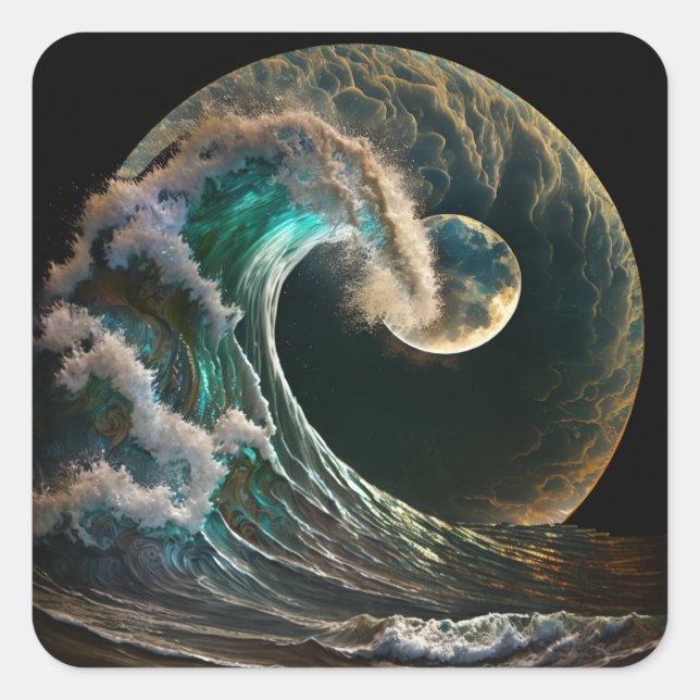 Tsunami wave in the glow of moonlight. square sticker (Front)