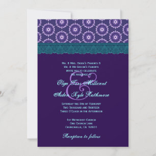 TT024 Teal Blue and Purple Lace Wedding Monogram Invitation