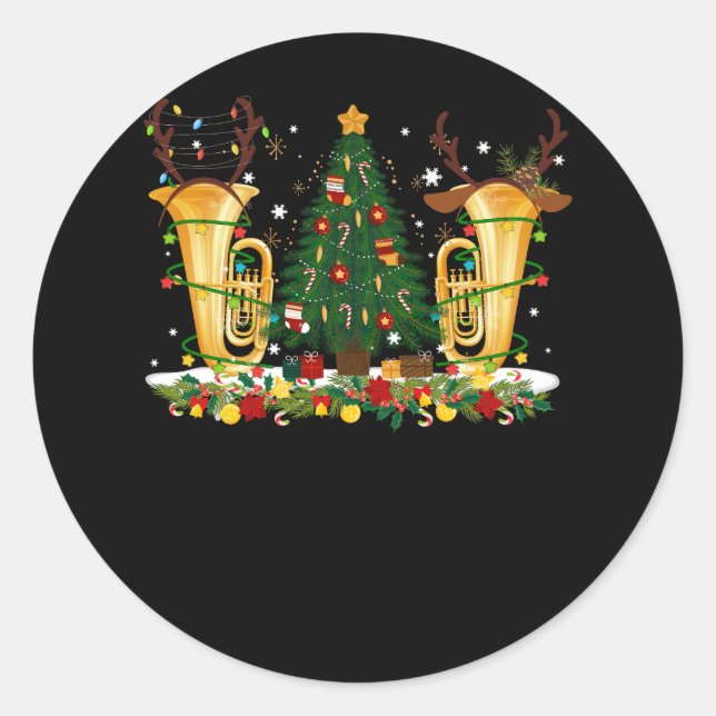 Tuba Music Lover Xmas Lighting Reindeer Horn Merry Classic Round Sticker (Front)