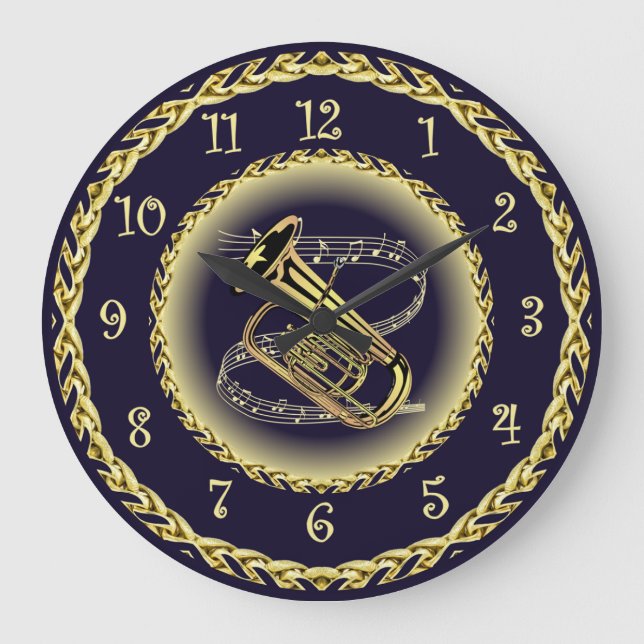 Tuba Musical Scroll ~ Gold and Navy Blue ~ Large Clock (Front)