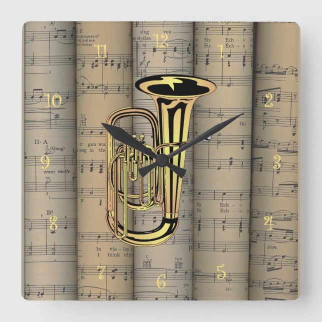 Tuba ~ Rolled Sheet Music Background ~ Musical Square Wall Clock (Front)