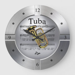 Tuba ~ Sheet Music ~ Brushed Silver Colour ~ Large Clock
