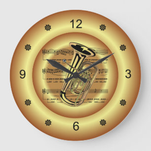 ~ Tuba ~  Sheet Music ~ Gold Background ~  Large Clock