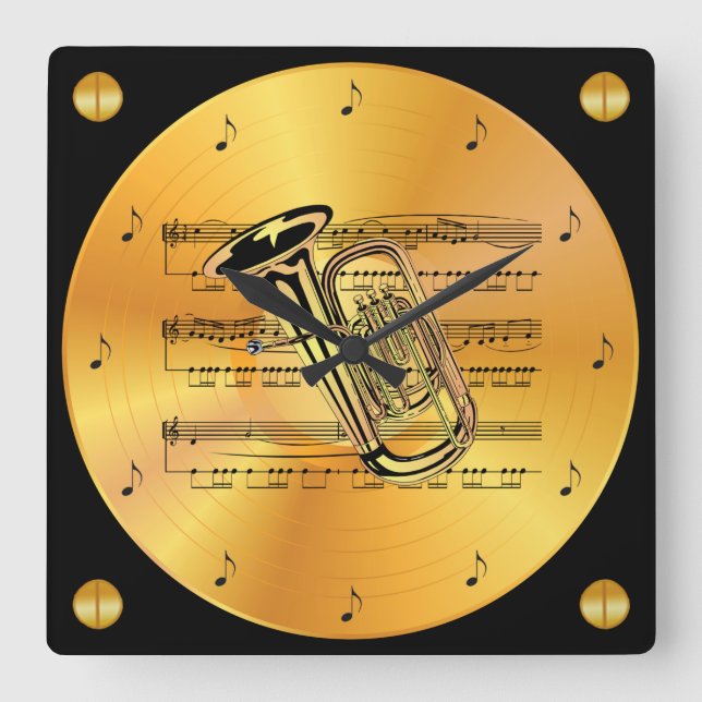 Tuba ~ Sheet Music ~ Gold Record ~ Square Wall Clock (Front)