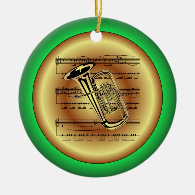 Tuba ~ Sheet Music ~ Red/Green/Gold ~ Christmas ~ Ceramic Tree Decoration (Front)