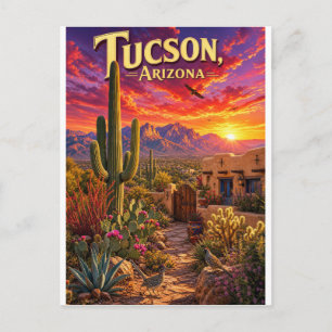 Tucson Arizona Desert Sunset Saguaro Cactus Travel Postcard