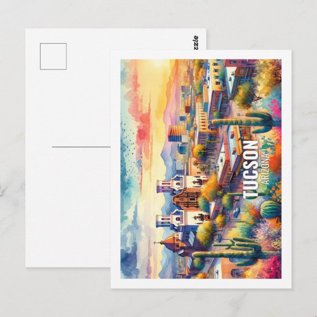 Tucson Arizona Famous Travel Place watercolor Postcard (Front/Back)