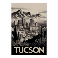 Tucson Arizona Skyline Black White Woodcut