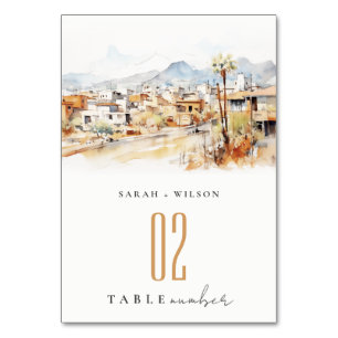 Tucson, Arizona Watercolor Landscape Wedding Table Number
