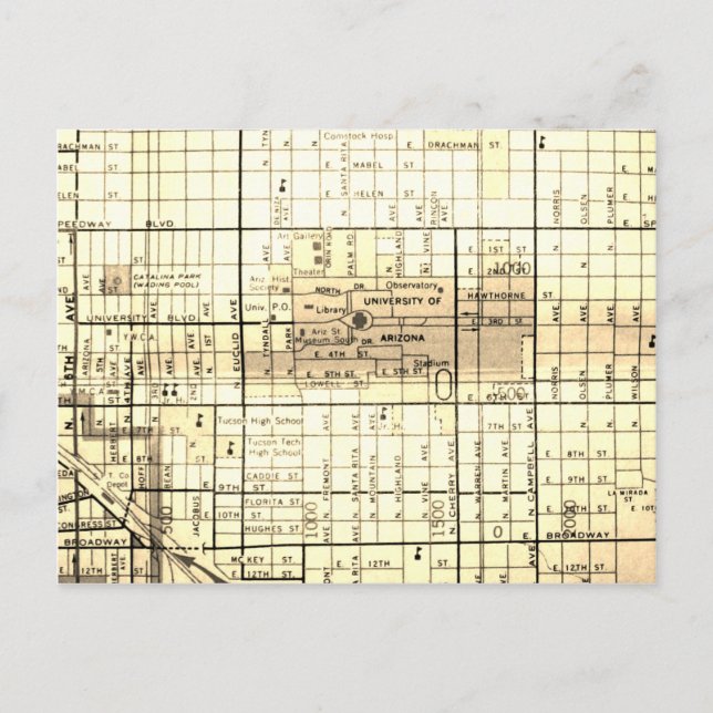 Tucson, AZ Vintage Map Postcard (Front)