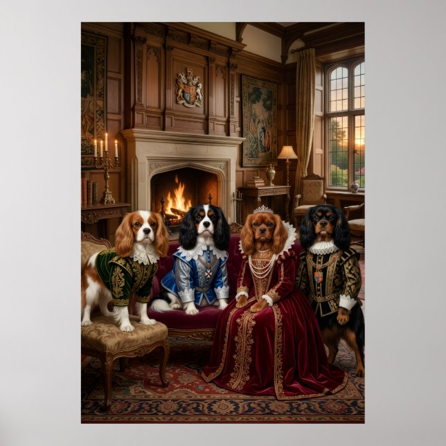 Tudor Cavalier Spaniels Manor House Portrait Poster (Front)