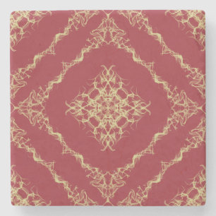 Tudor Inspired Gold and Red Fractal Diamond Design Stone Coaster