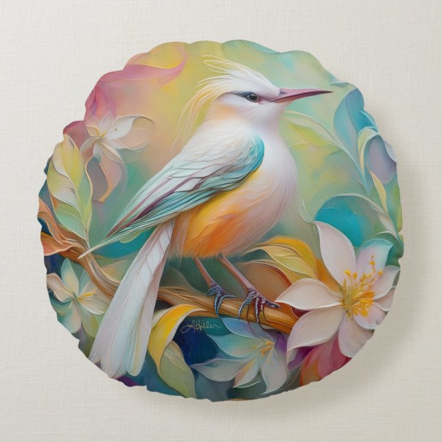 Tufted Golden Rumped Fantasy Bird Round Cushion (Front)