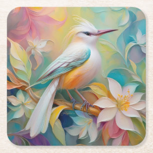 Tufted Golden Rumped Fantasy Bird Square Paper Coaster