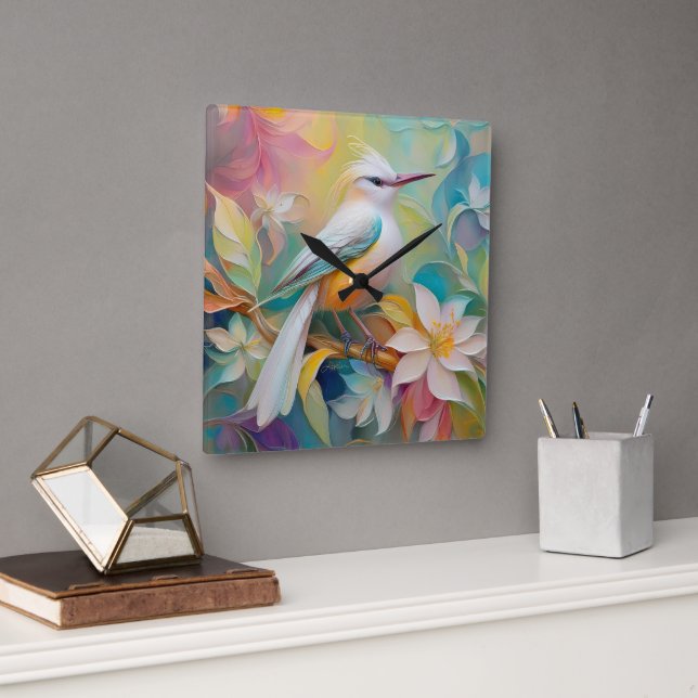 Tufted Golden Rumped Fantasy Bird Square Wall Clock (Office)