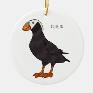 Tufted puffin bird cartoon illustration ceramic tree decoration