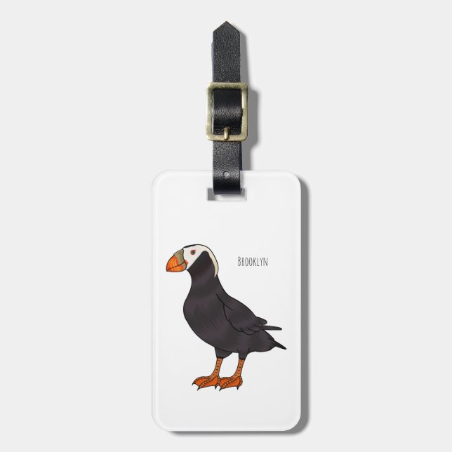 Tufted puffin bird cartoon illustration luggage tag (Front Vertical)