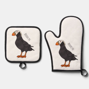 Tufted puffin bird cartoon illustration oven mitt & pot holder set