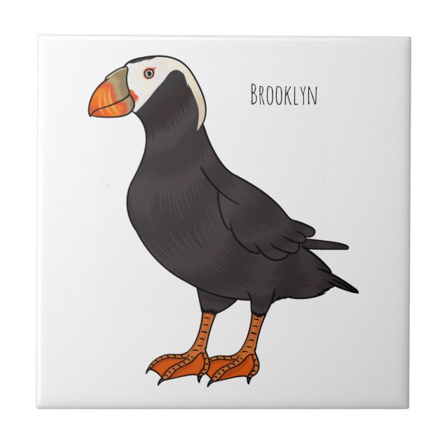 Tufted puffin bird cartoon illustration tile (Front)