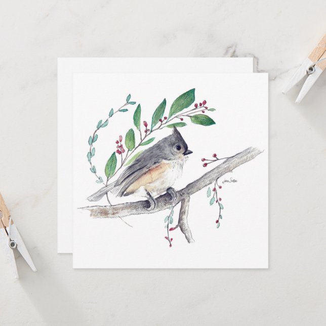 Tufted Titmouse Art Bird Card (Front/Back In Situ)
