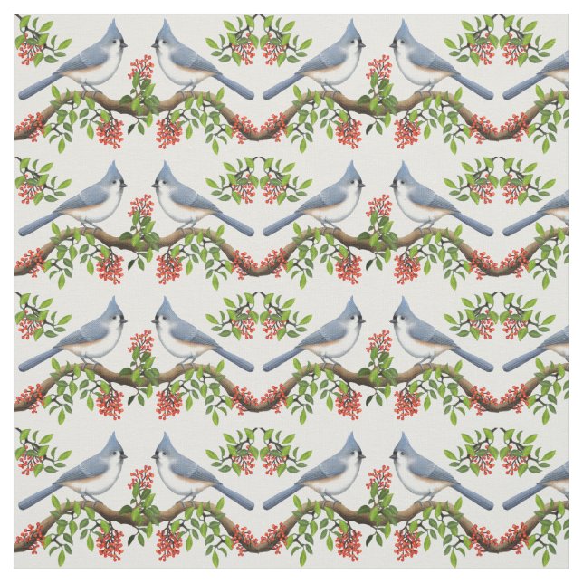 Tufted Titmouse Birds with Berries Fabric (Swatch)