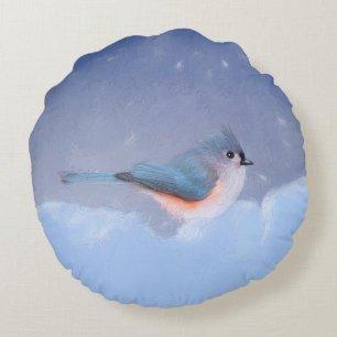 Tufted Titmouse Painting - Cute Original Dog Art Round Cushion